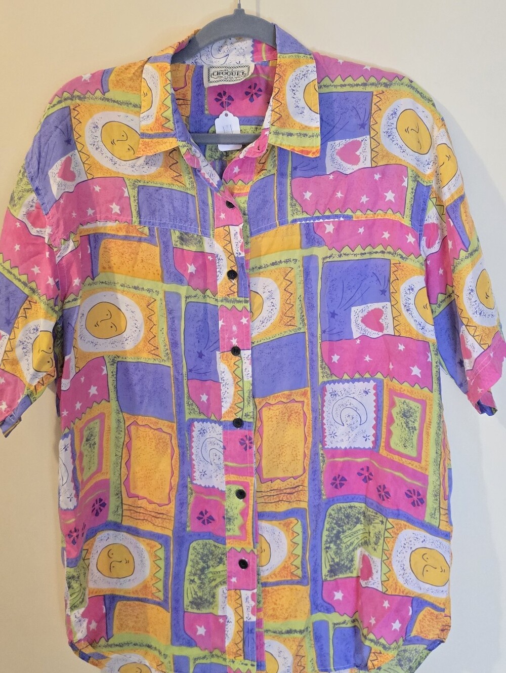 Vintage Silk Blouse Womens Celestial Colorful Button Up Short Sleeve Shirt Artsy